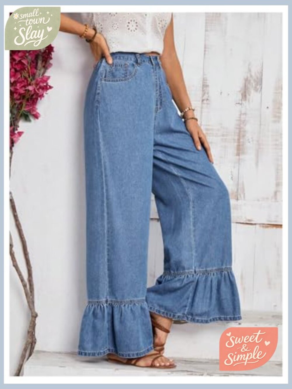 High Waist Wide Leg Ruffled Hem Baggy Jeans Denim Pants - Picture 3 of 6
